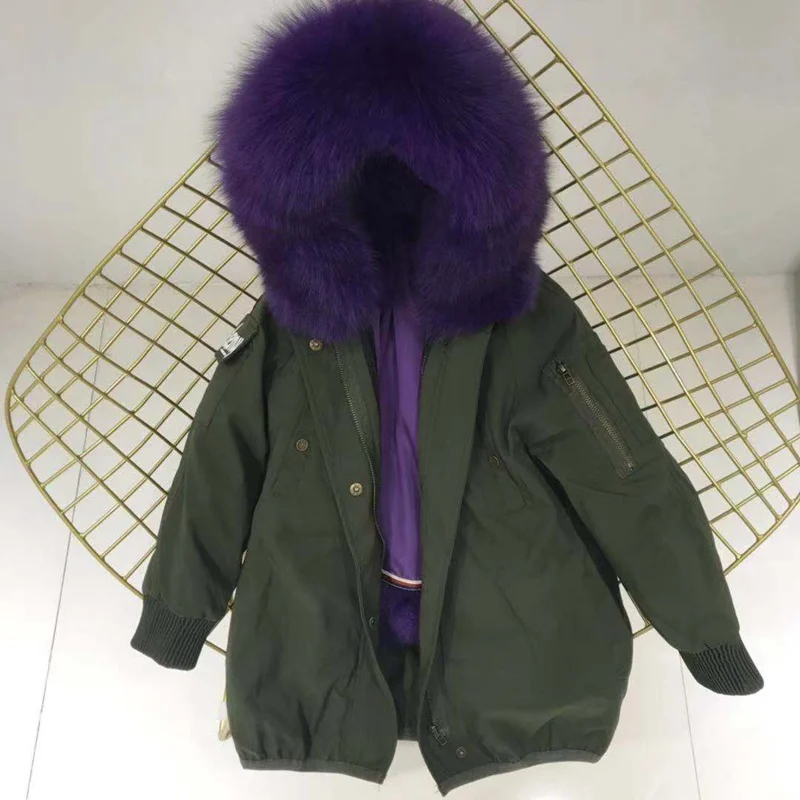 green purple fur Настоящий мех кролика, парки, пальто с капюшоном из лисьего меха, Детская куртка для мальчиков и девочек, ветровка, детская зимняя одежда - Цвет: green purple fur