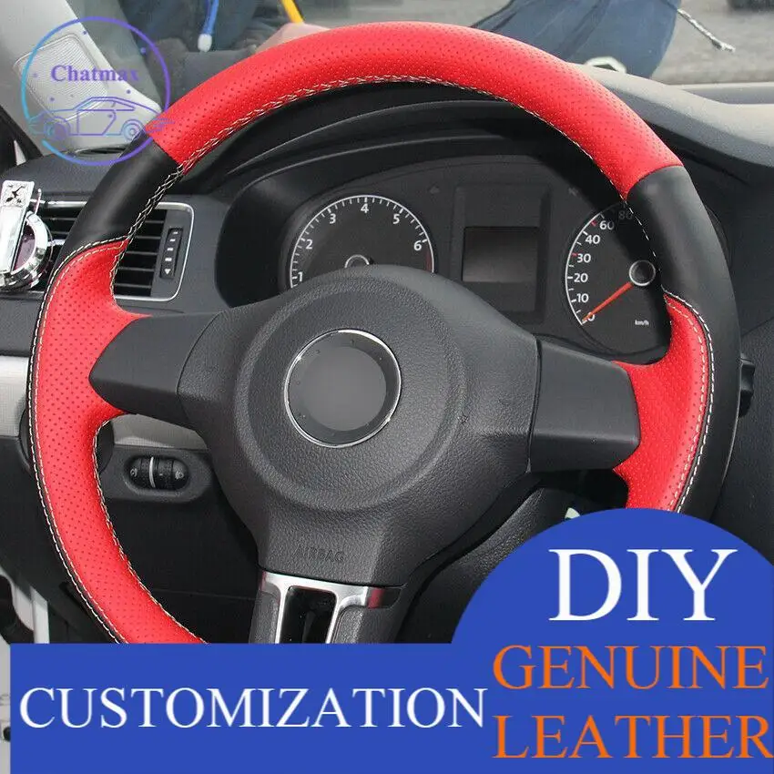 

For Volkswagen Golf 6 Mk6 Red / Black Natural Leather Car Steering Wheel Cover anti-slip design all season