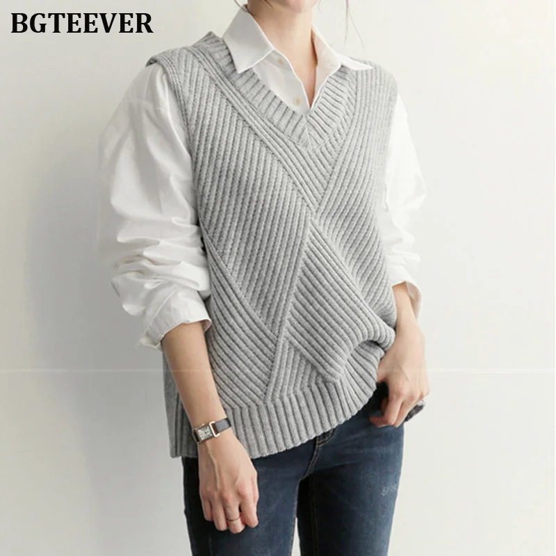 Autumn V-neck Sleeveless Women Pullovers Plaid Casual Knitted Tops Outerwear Vest Sweater Female Winter Warm Jumpers 2019 | Женская