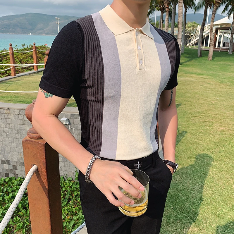 

Down Turn Striped Collar Business Polo Men Shirt Knitting Polo Gradual Change Color Men's Knitted Polo Shirt Short-sleeved Tops