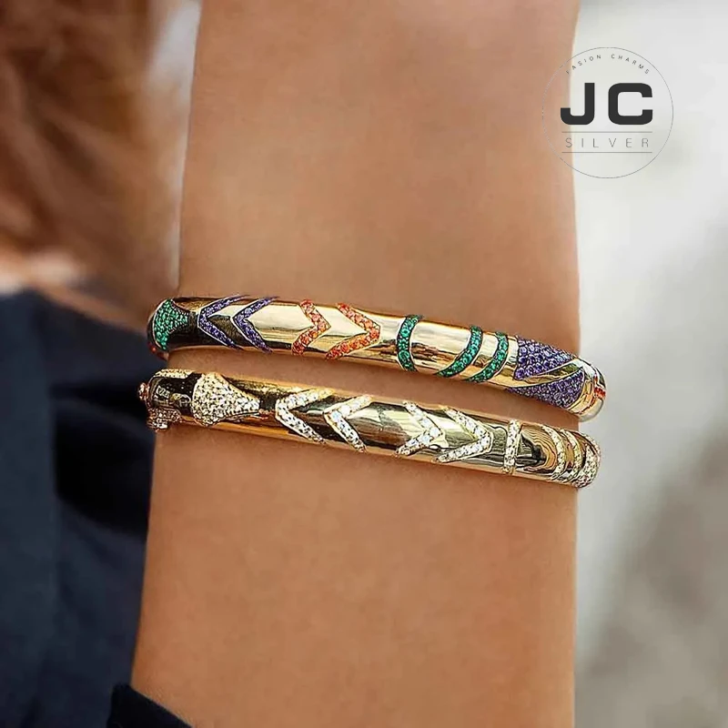 JC New Fashion Charms Sterling silver Original Engraving Yellow Silver Paved Bangle For Women Glamour Jewelry Gift | Украшения и