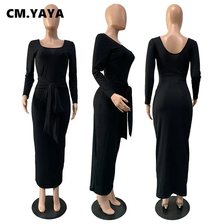 CM.YAYA Autumn Winter Knitted Women Long Sleeve Tie Up Waist Midi Maxi Dress Ribbed Open Back Streetwear Pencil Dresses | Женская одежда