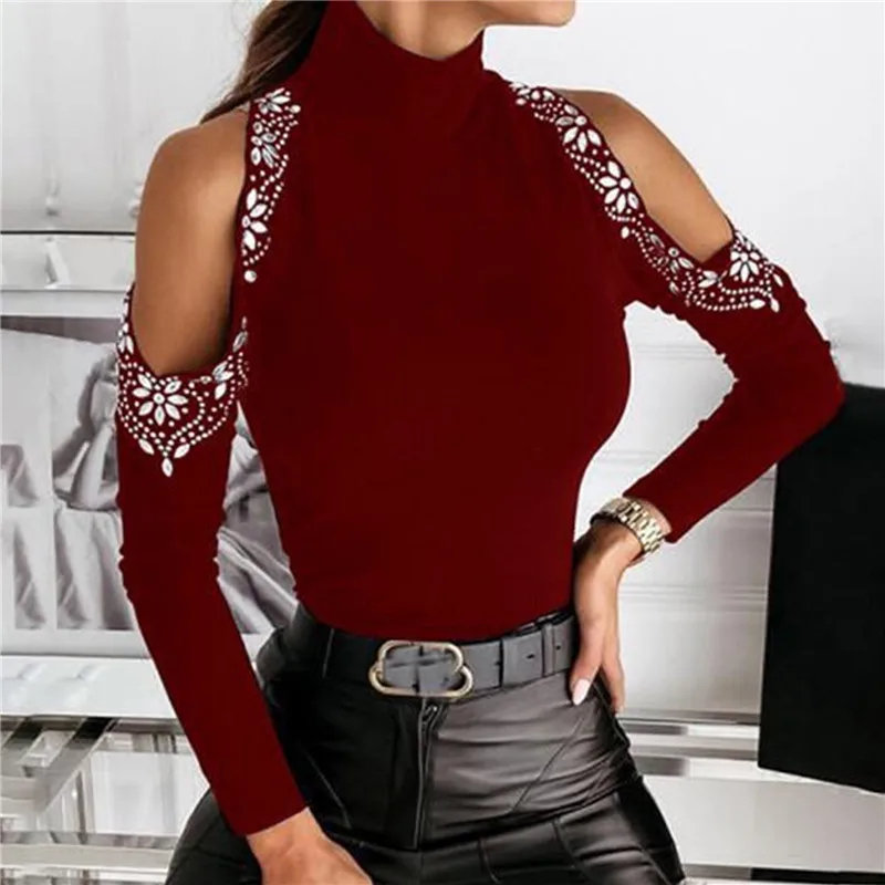 

Women Turtleneck Top Spring New Fashion Sexy Solid Color Drill Strapless Bottoming Tees Women Exquisite Tops