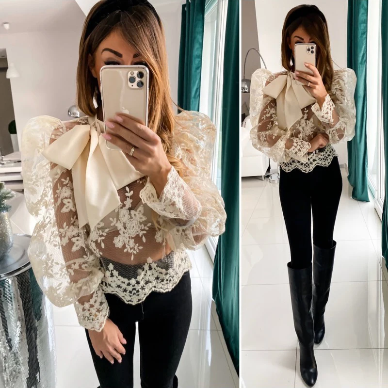 

Summer Sexy Lace Blouse Elegant Women Long Puff Sleeve Lace Crochet Tops Bow Tie Shirt Femme Robe Party Blusas Chemise