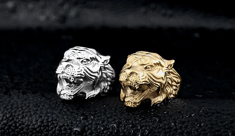 

Vintage Tiger Warrior Titanium Steel Skull Biker Gothic Punk 316L Stainless Ring For Men Retro Male Design Round Bands Rings