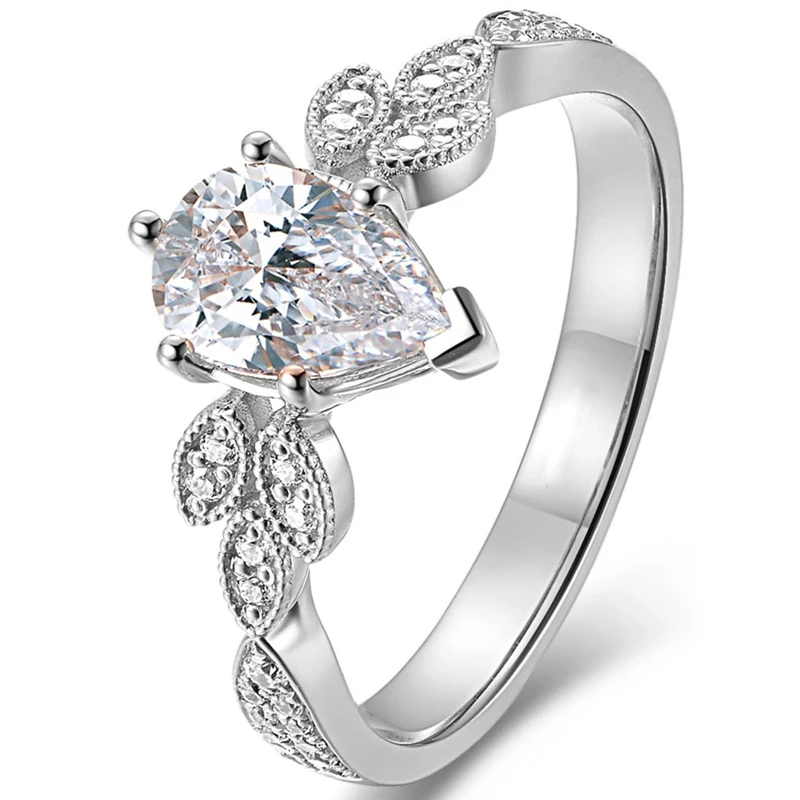 

Fashion Exquisite Leaf Ring Beautiful Water Drop Pear Shaped Inlaid Zircon Crystal Ring Charm Women's Engagement Gift Adjustable
