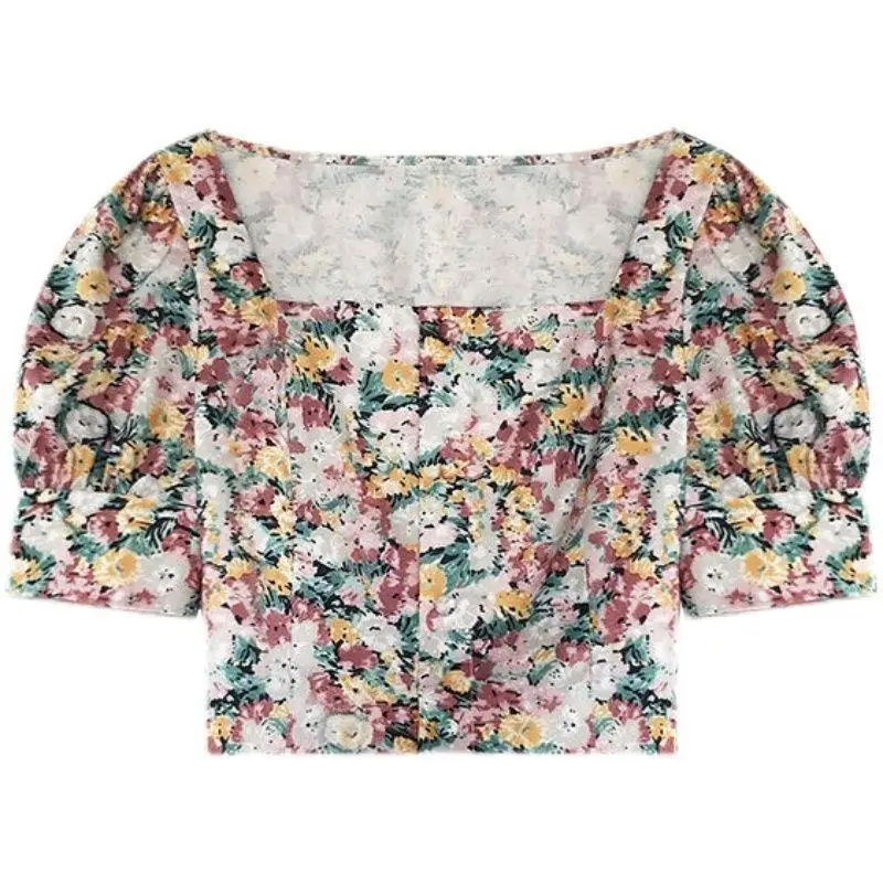 

Vintage Puff Slevee Floral Blouse Women Short Designer Tops Spring Casual Korean One-Piece Clothing Ladies