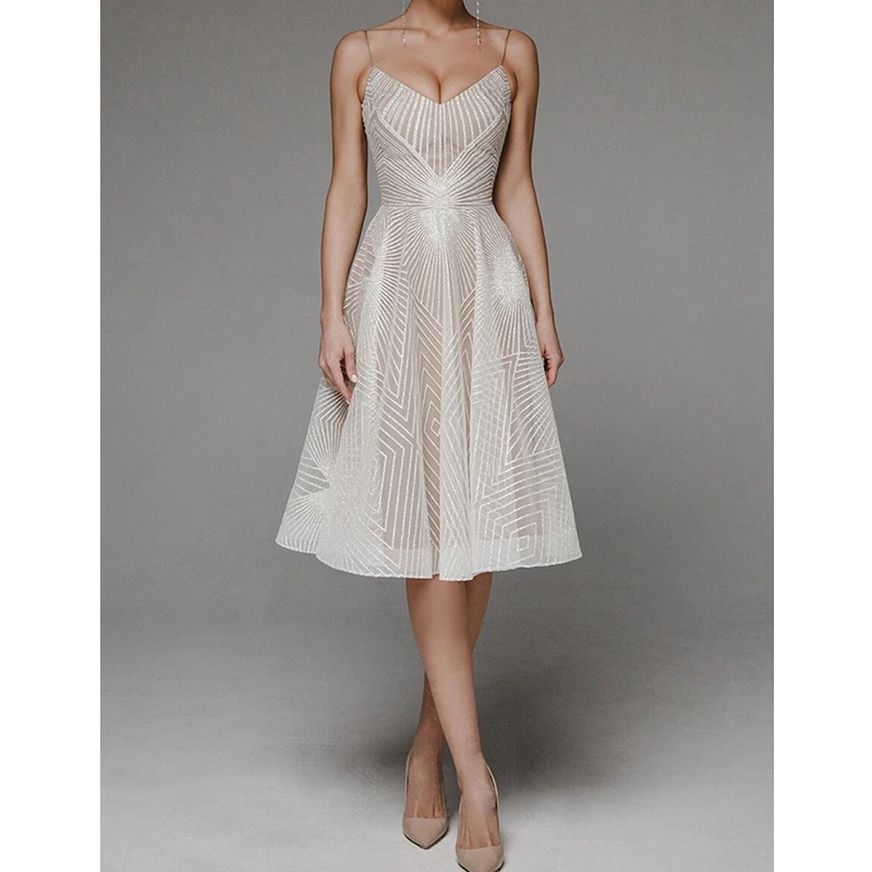 

WEPBEL Embroidery Mesh Dress Summer Sexy Solid See-through Dress Women's High Waist V-neck Backless Spaghetti Strap Dress