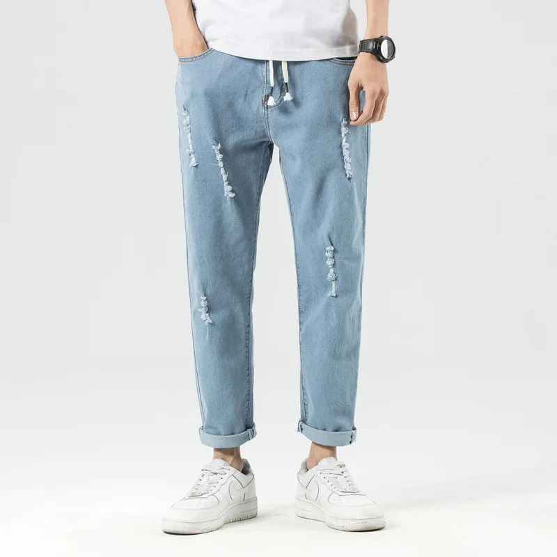 

And Summer New Youth Men's Jeans Straight Han Edition Cultivate Morality And Feet Hole Leisure Nine Points Of Jeans