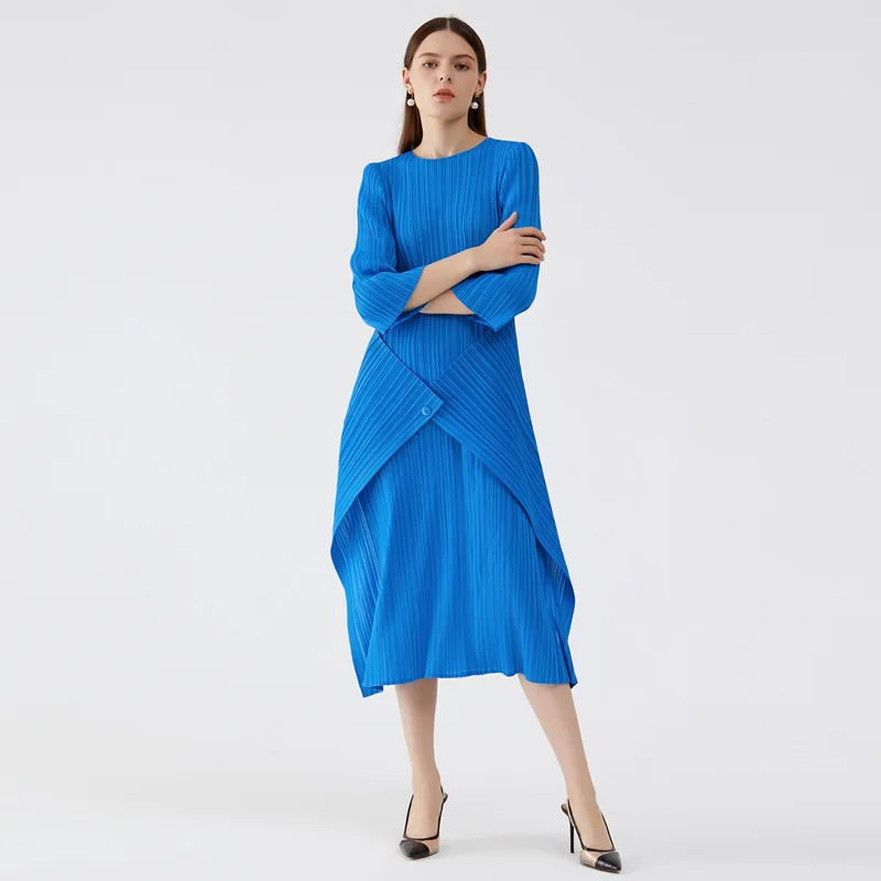 

SuperAen 2022 Autumn New Casual Double Waist Solid O-Neck Mid-Calf Straight Casual Dresses Women