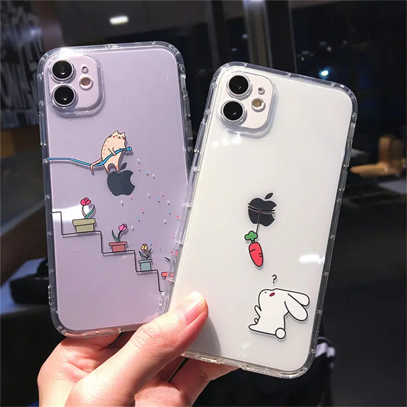

Clear Shockproof Bumper Phone Case For iPhone 11 12 Mini Pro X XR XS Max 8 7 Plus SE 2020 Cat Rabbit Animal Soft TPU Back Cover