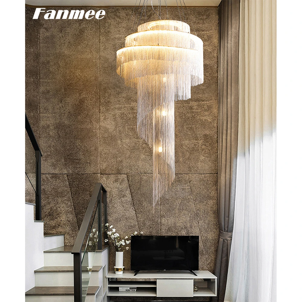 買取 ノルディックアルミ文字列シャンデリアライトは、現代のスパイラルクロームタッセルランプ屋内アールデコ調のリビングルーム階段ロフト