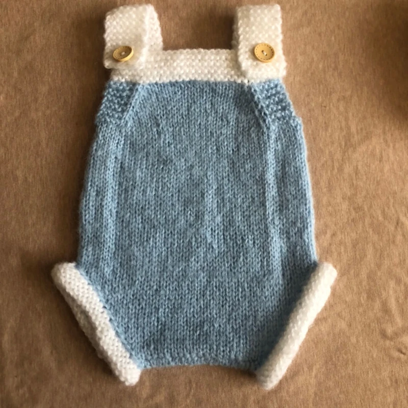 

3Pcs/Set Newborn Infant Photography Props Suit Knitted Sleevless Button Jumpsuit Rompers with White Blue Cow Ox Hat Cartoon