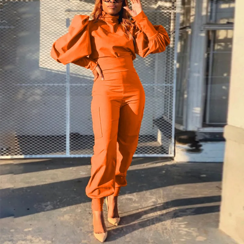 

2021 Women Two Piece Chic Suits Lanntern Sleeve Top & High Waist Cargo Pants Set Streetwear For Woman