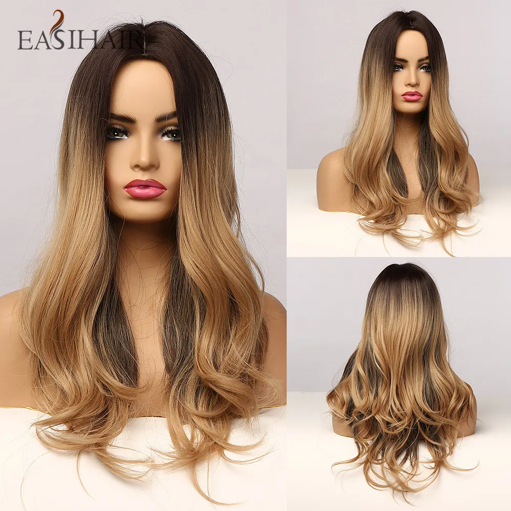 

EASIHAIR Long Brown to Blonde Ombre Wigs for Women Afro Synthetic Wavy Wigs Natural Cosplay Wigs Heat Resistant