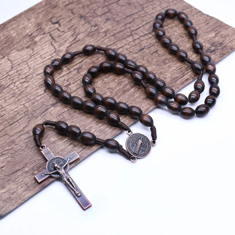 

Fashion Jesus Wooden Prayer Beads Cross Woven Rope Catholic Religious Wall Rosary Necklace Jewelry Gifts Sweater Chain for H051