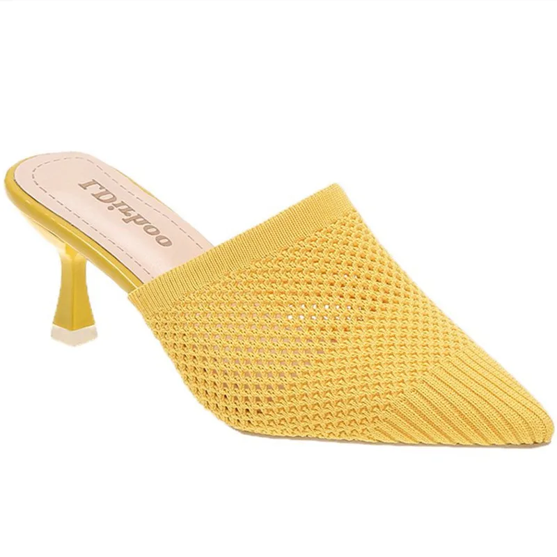 

Shoes Med Cover Toe Woman's Slippers Thin Heels Slides Heeled Mules 2021 Soft Fretwork Pointed High Cotton Fabric Rome Bonded Le
