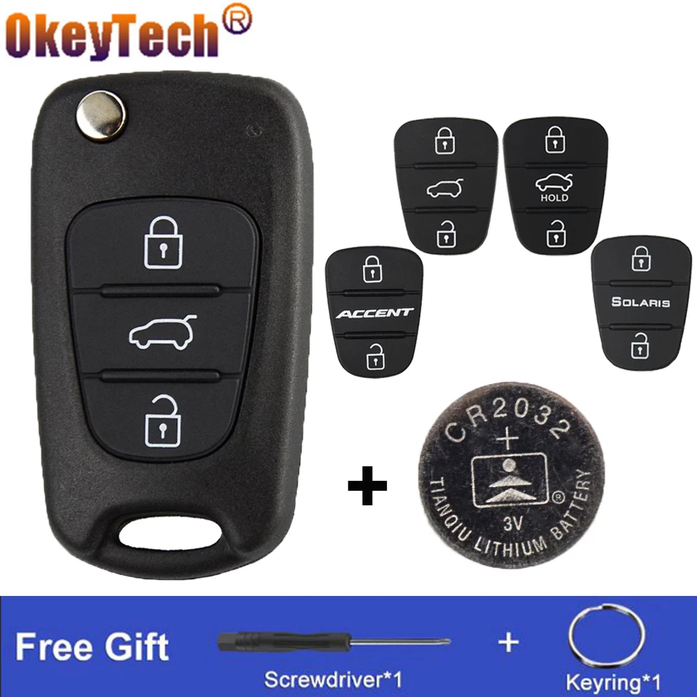 

OkeyTech For Hyundai Car Key Shell For Kia K2 K5 Rio 3 Picanto Ceed Cerato Sportage 3 Buttons Flip Key Case Cover CR2032 Battery