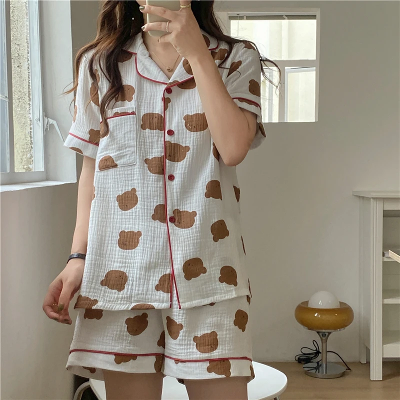 

summer cartoon pajamas set casual women 2 piece set homewear short sleeve cardigans single breasted tops shorts sleepwear Y682