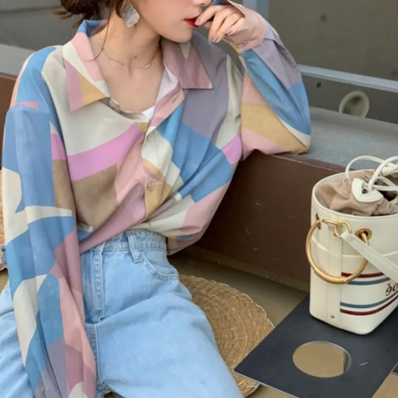

EFINNY Women Long-Sleeve Shirt Retro Loose Print Chiffon Blouse Fashion Casual Female Blouse Top