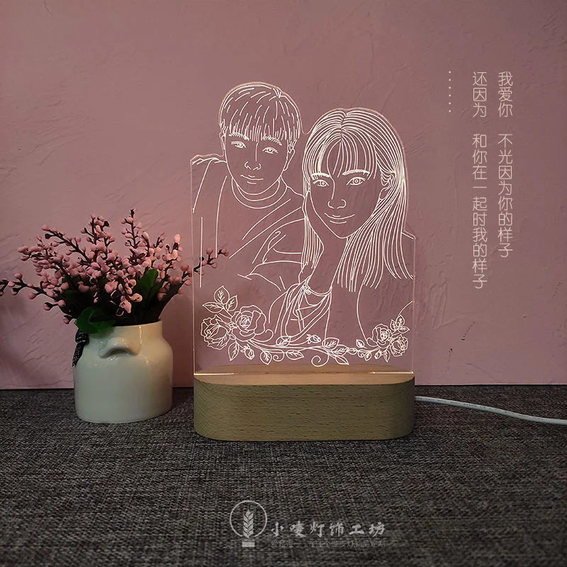 Ночсветильник 3D с текстом под заказ USB прикроватная лампа деревянной основой