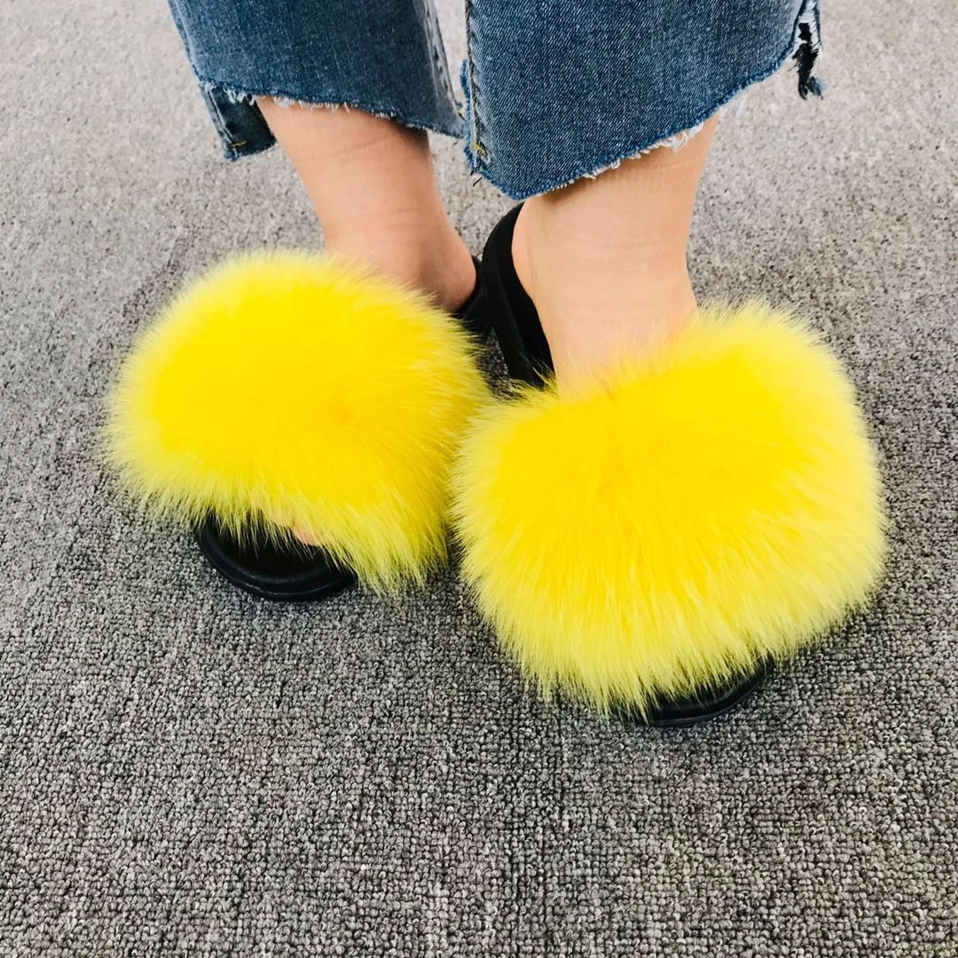 

2021 Women's real fur slippers raccoon Furry Fox slipper fur slides Cute Ladies Cute Plush Sandals Flat Fluffy Shoes for Women