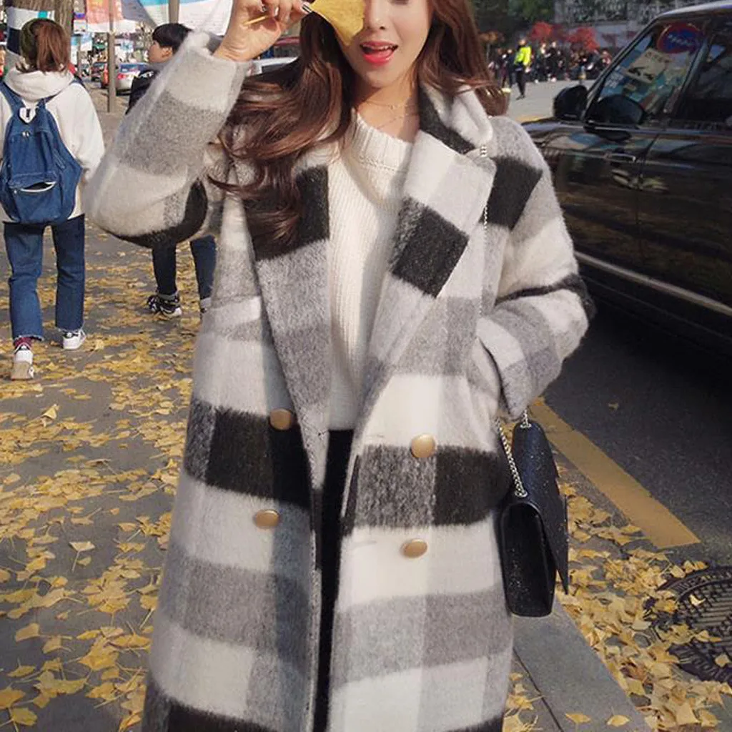 Женское клетчатое пальто SAGACE повседневное приталенное на пуговицах с длинным