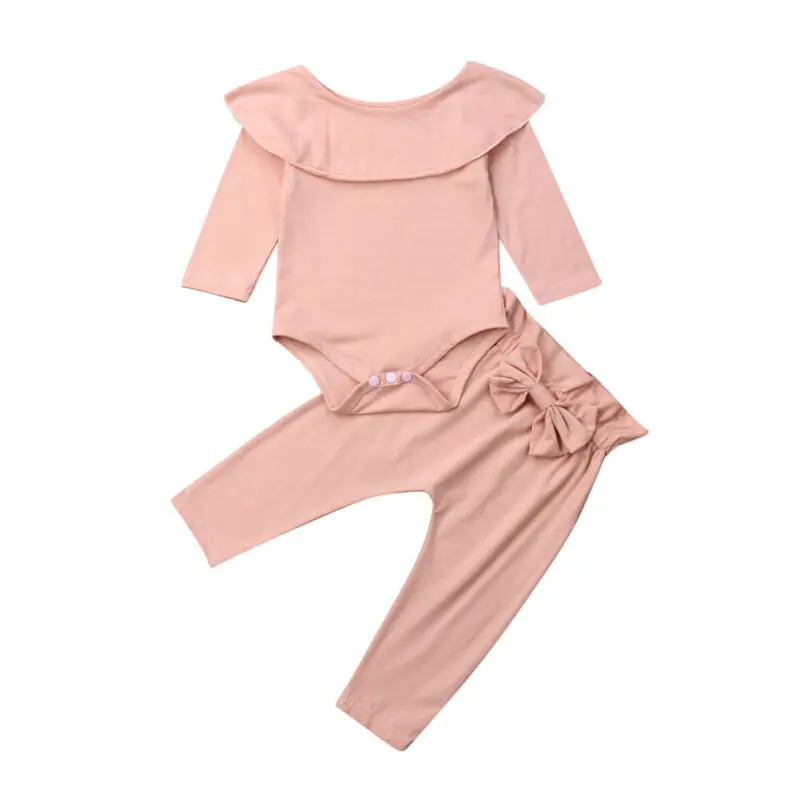 2Pcs Toddler Kids Baby Girl Ruffle Bodysuit Romper Top Solid Bowknot Pants Trousers Autumn Cotton Long Sleeve Outfit Clothes Set