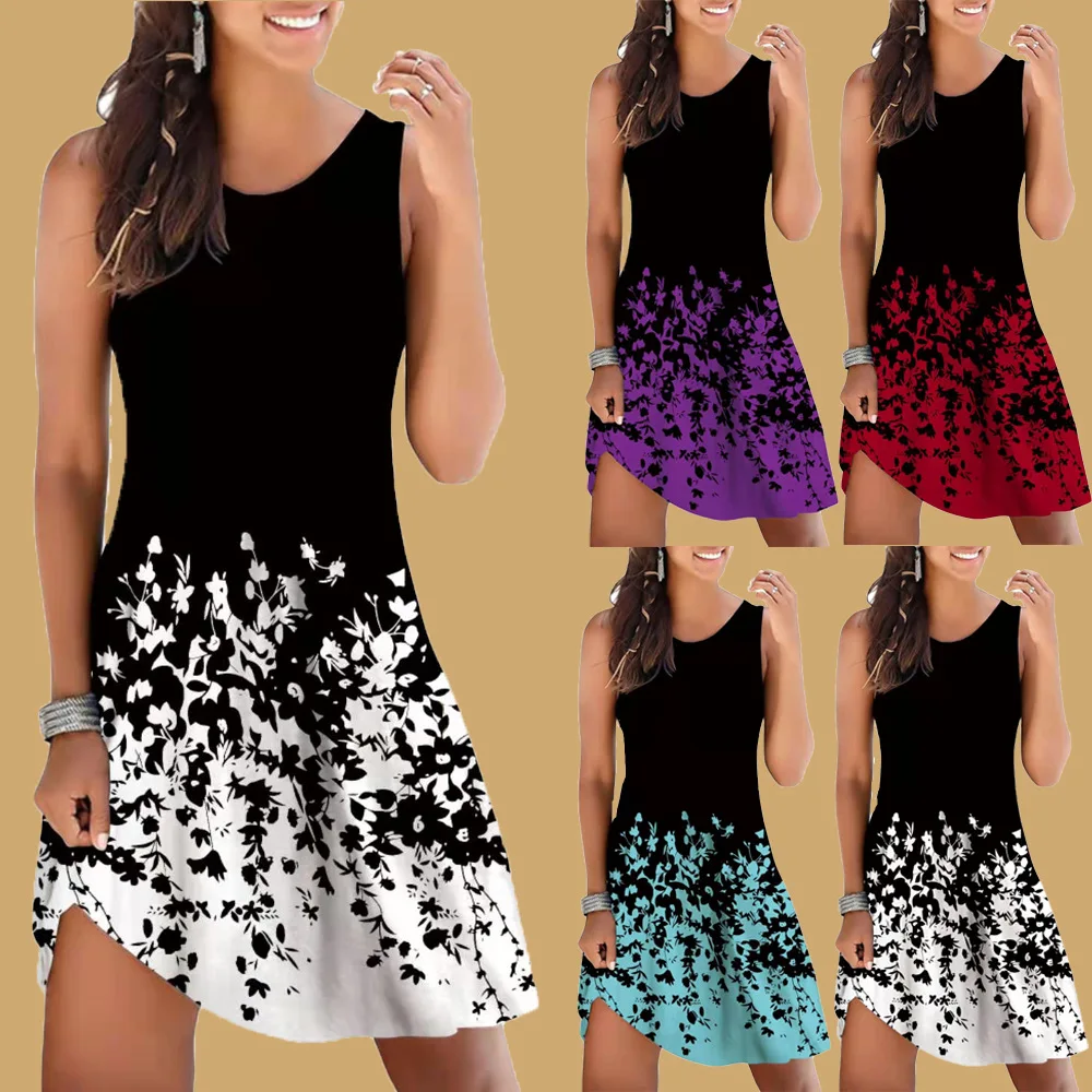 

Women Summer Off Shoulder Print Casual O Neck Sleeveless Beach Dress Sexy Fashion Retro Bohemia Pullover Vest Shirt Party Dress