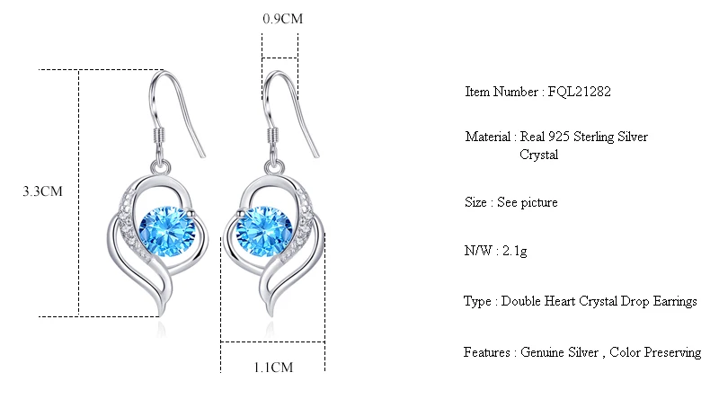 

Fanqieliu Elegant Blue Crystal Jewelry Earings Dangle For Girl Double Heart 925 Sterling Silver Drop Earrings Women FQL21282