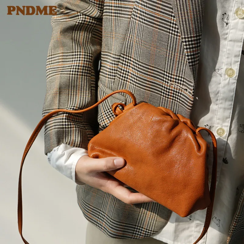 

PNDME fashion cute genuine leather women's small clutch simple natural soft real cowhide mini shoulder messenger bag for girls