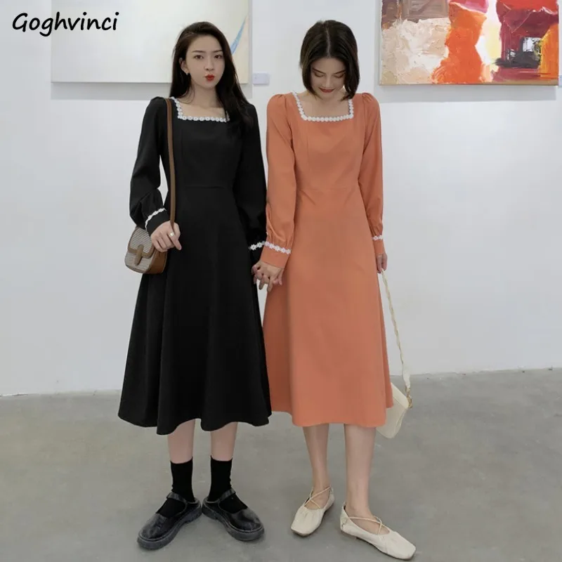 

Long Sleeve Dress Women 2021 New Arrival Lace-edge French Fashion Elegant Girls Outwear Date Daily Retro Ulzzang Chic All-match