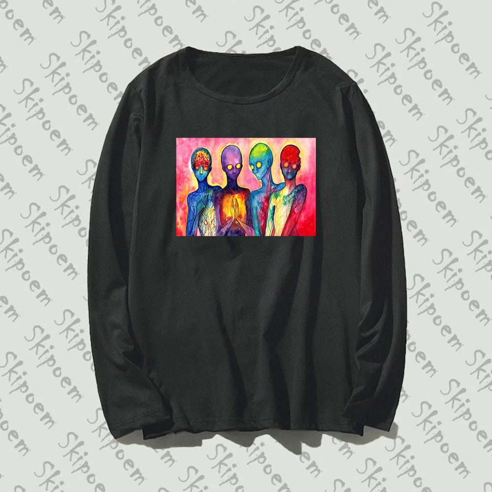 Psychedelic Alien Art Women Tshirt Punk Korean Style Aesthetic Tumblr Harajuku Long Sleeve Plus Size Cotton Streetwear Clothes | Женская