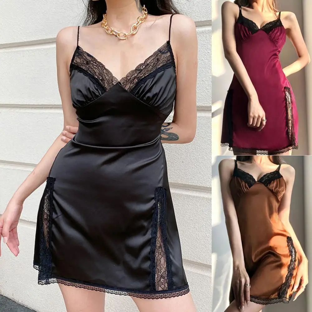 

70% 2021 New Hot Sell Ladies Sling Dress Lace Stitching A Line Tight Waist Split Slim Sexy Dress for Club