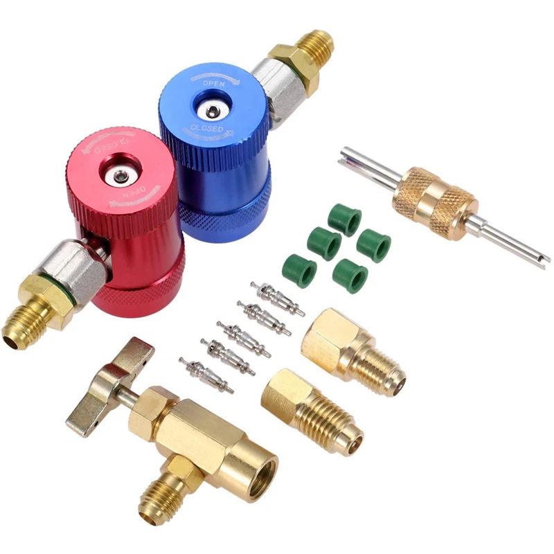 

R1234YF Quick Couplers Kit, High Low Side Quick Coupler Connector,Tap with R12 R22 to R134A Adapters, Valve Core Remover