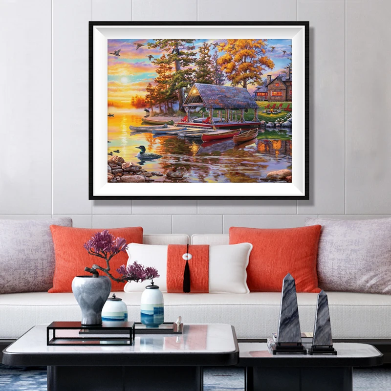 

5D «сделай сам» со стразами и изображением нарисованных домиков платье вышивка пейзажа AB, вышивка крестиком, нарядная Тканевая обувь с рукод...