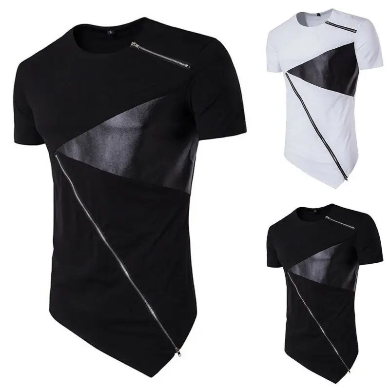 

Mens Solid Color Short Sleeve T Shirt Patchwork Shirt Casual Tops Black White