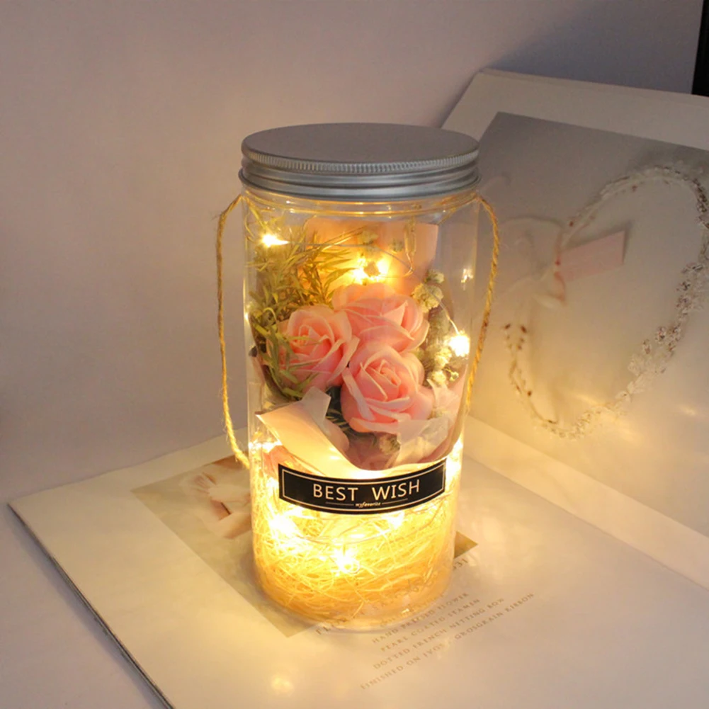 Everlasting Flower Soap Flower Wishing Bottle LED String Light Handmade Dried Bouquet Valentine's Day Gift Rose Flower Decor