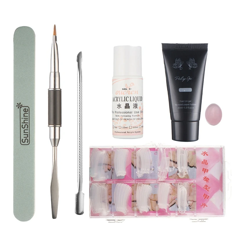 

6PCS Poly Extention Gel Set Nail Art French Nail Art Clear Camouflage Color Nail Tip Form Crystal UV Gel Slice Brush