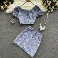 2021 women s summer vintage denim two piece suit sweet printed puff sleeve top and high waist mini skirt women s suit
