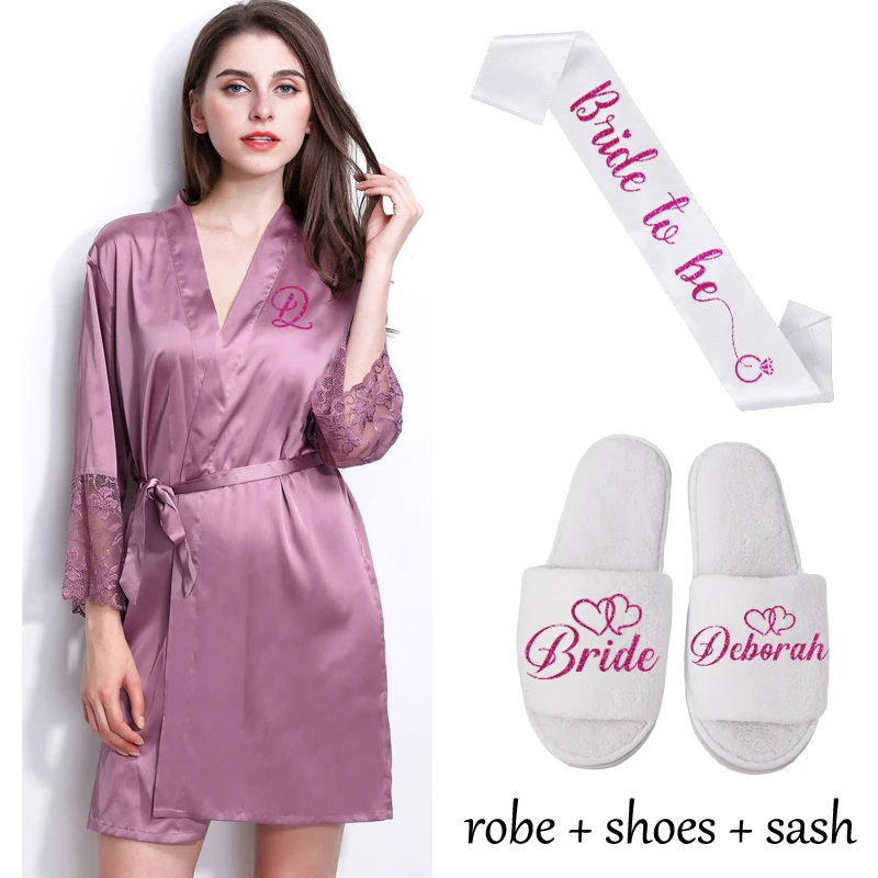 mauve robe sash shoe Сексуальное Женское ночное белье с кружевными рукавами, пеньюар, свадебное кимоно, шифон, шелк, женские халаты, халаты для невесты, персонализированное имя - Цвет: mauve robe sash shoe