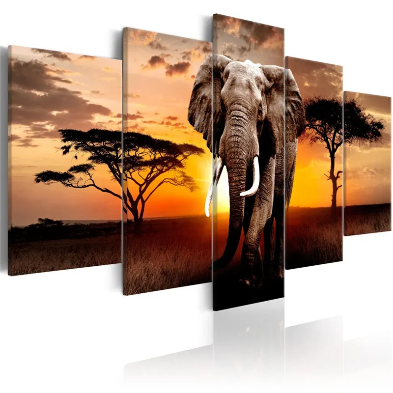 

Canvas Pictures Home Decor 5 Piece Walking Elephant Sunset Africa Grassland Scenery Painting Prints Poster Living Room Wall Art