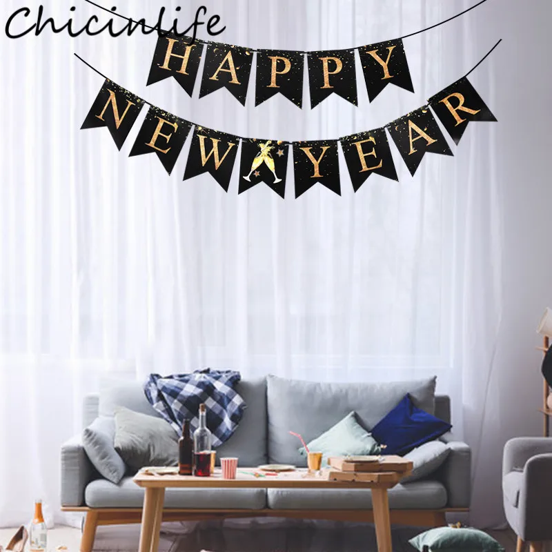 Chicinlife 1 Набор Черный счастливый новый год баннер 2021 Новый Год Вечерние Висячие