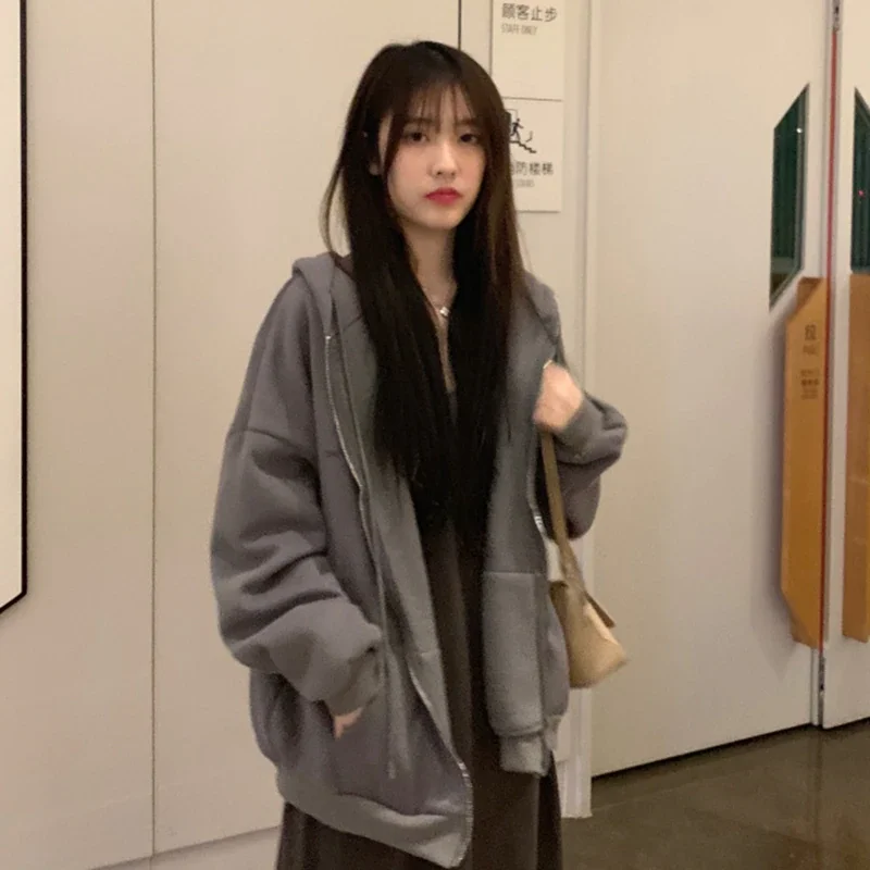 

Korean Style Zip-up Women hoodies Vintage Solid Color Long Sleeve Oversized Hooded Sweatshirt Lady Women Casual Large Coats