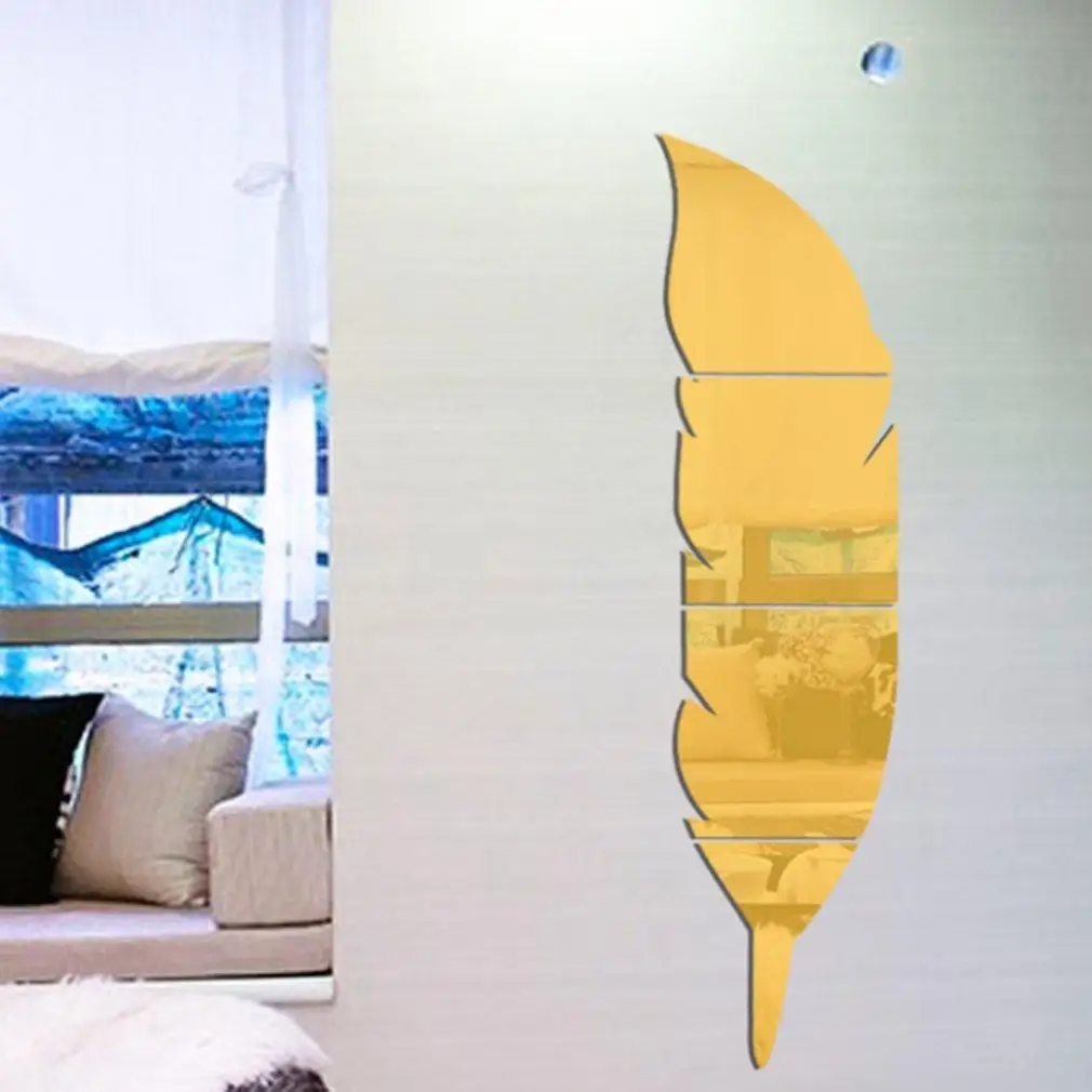 Модная 3D Зеркальная Наклейка в форме пера DIY Настенная украшение для