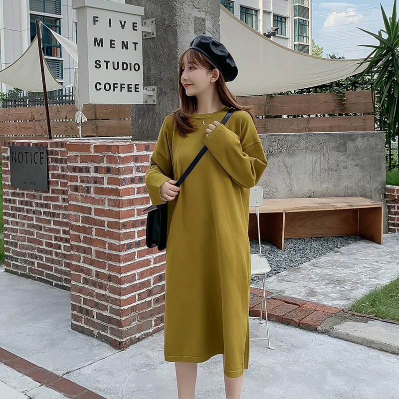 

В Корейском стиле, с круглым вырезом, вязаное прямое платье, женское, 2019, Ранняя осень, новое, однотонное, с длинными рукавами, тонкое, выше ко...