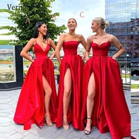 verngo new 2021 red satin long bridesmaid dresses simple wedding party gowns with pockets slit mixed style maid of honor dress