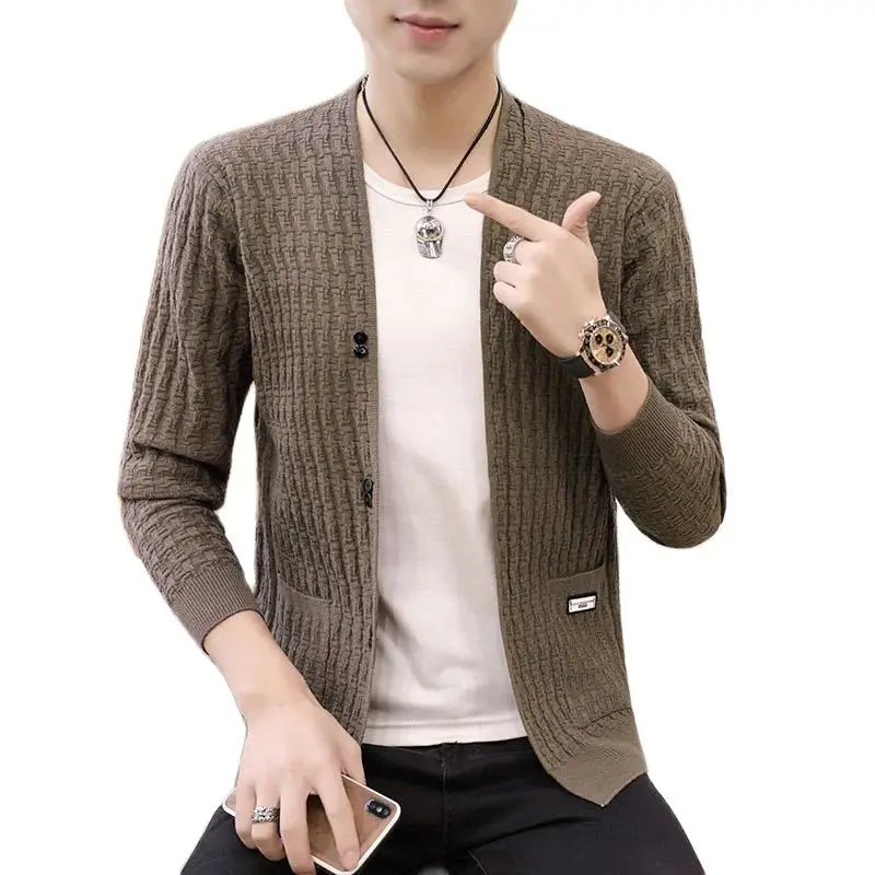 

Мужской повседневный трикотажный кардиган, трикотажная рубашка с V-образным вырезом, в Корейском стиле, на пуговицах, на весну и осень