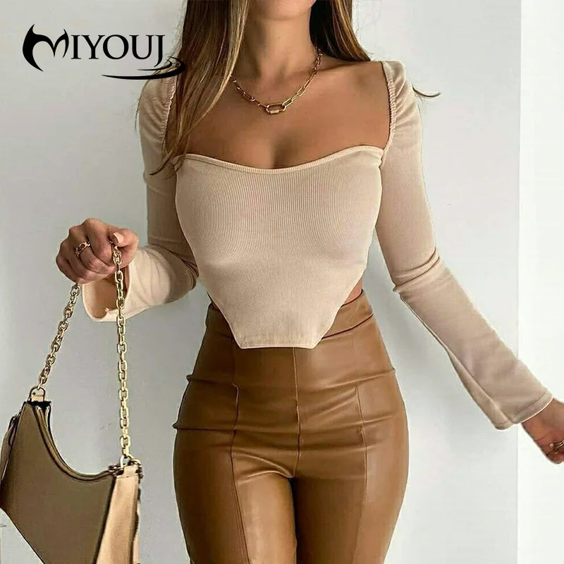 

MIYOUJ Sexy T-shirt Women Pollovers Side Cut Long Sleeve Rid Top Corset Female Clothing Square Collar Spring Autumn Street Wear