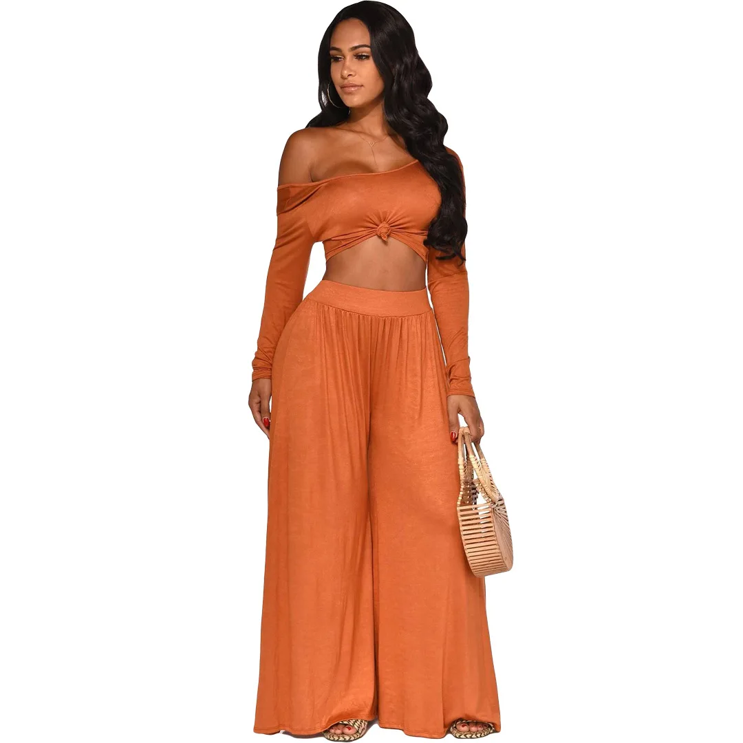 Модный комплект с длинным рукавом короткий топ и брюки однотонный широкими